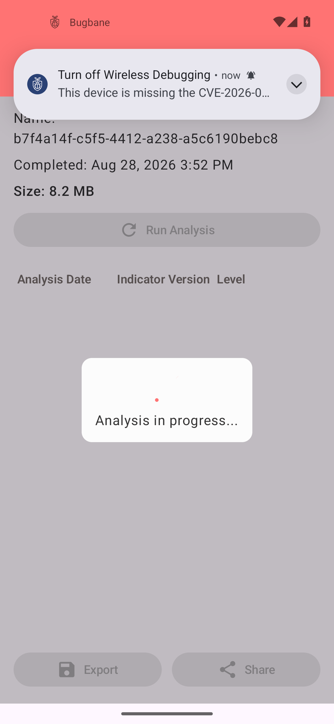 Analysis in progress dialog