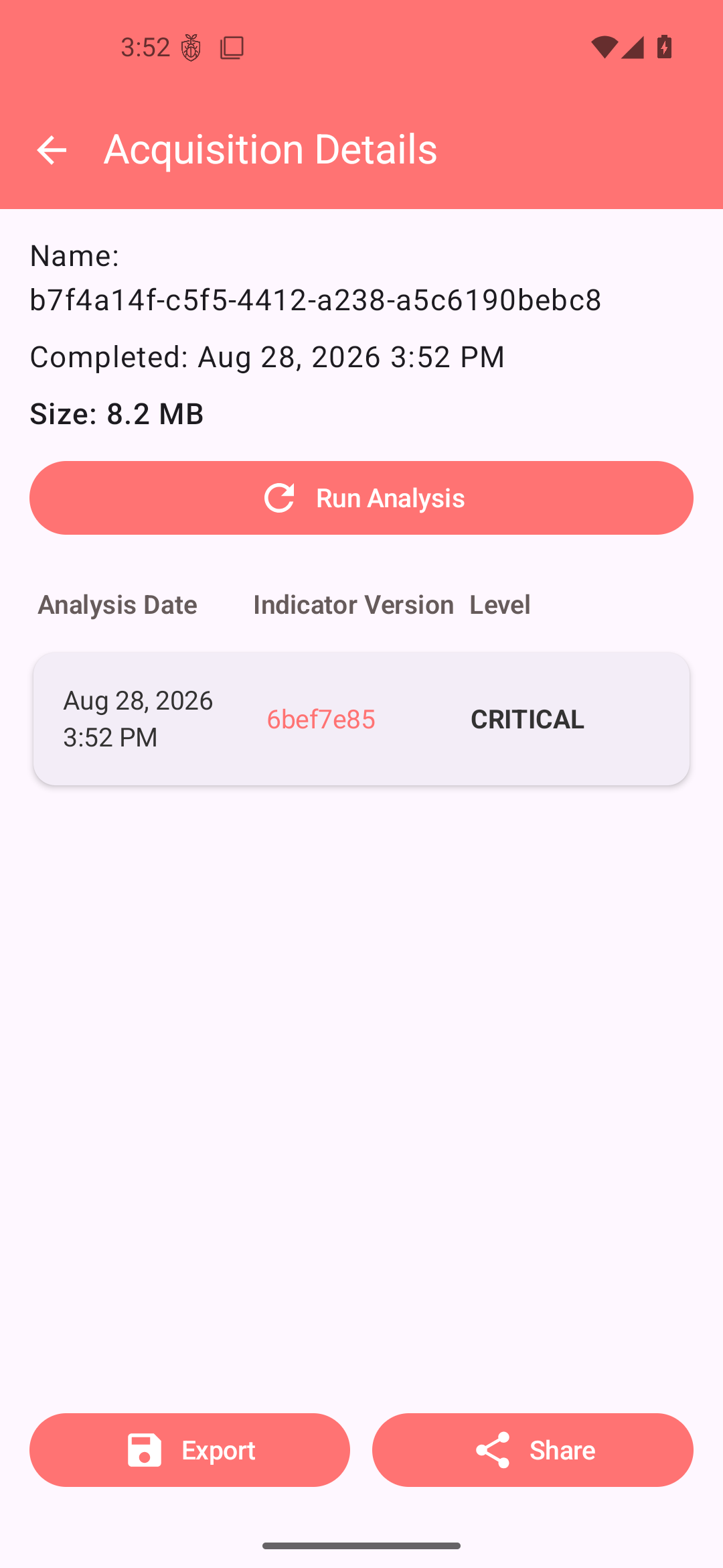 Acquisition details with an analysis result marked CRITICAL