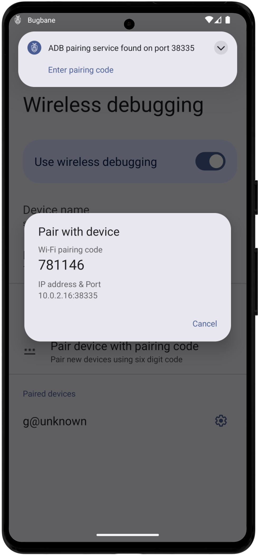 Android pairing dialog with the 6-digit code and the Bugbane notification above it