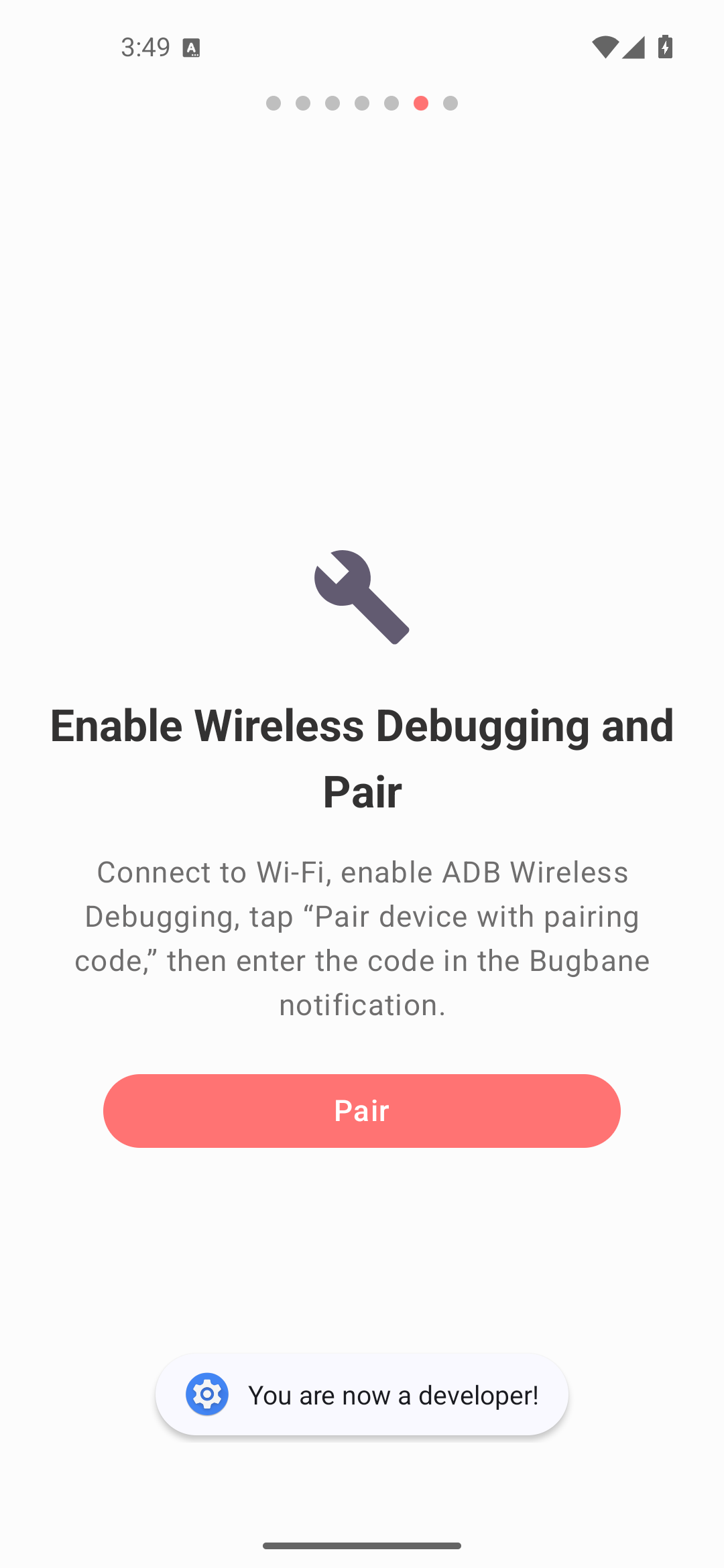 The Enable Wireless Debugging and Pair step of the wizard