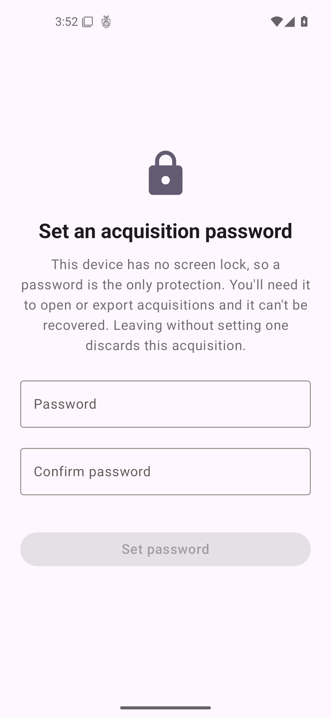 The set acquisition password screen